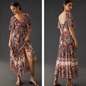 Anthropologie Maxi Dress Womens XXS Red Brown Tiered Cottage Preppy Boho